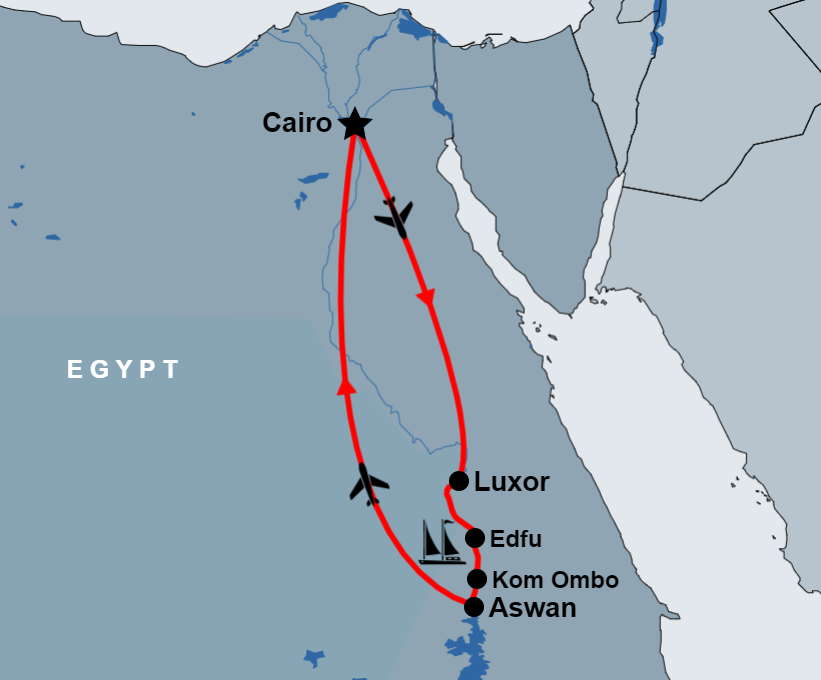 8 Day Cairo and Dahabiya Nile Cruise map 8 Day Cairo and Dahabiya Nile Cruise map